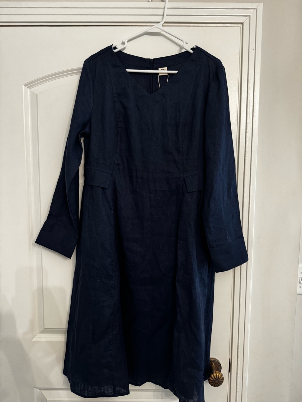 Navy 100% Linen Long-Sleeve Midi Dress - V-Neck Tailored Style